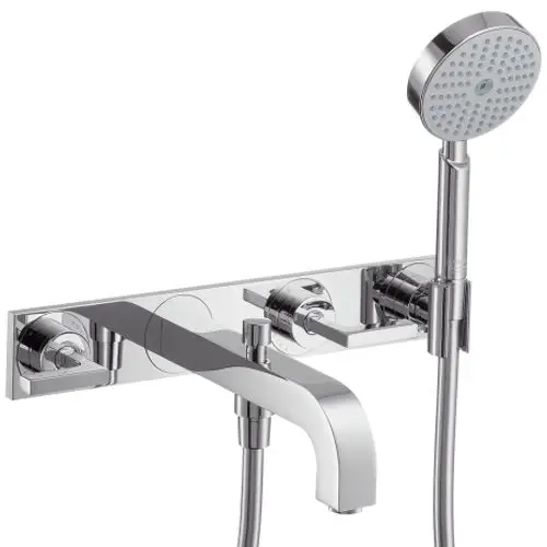 Wannenarmatur in Chrom mit zwei Hebelgriffen und integriertem Handbrauseanschluss. Unterputzmontage für Wandinstallation, hergestellt von AXOR.